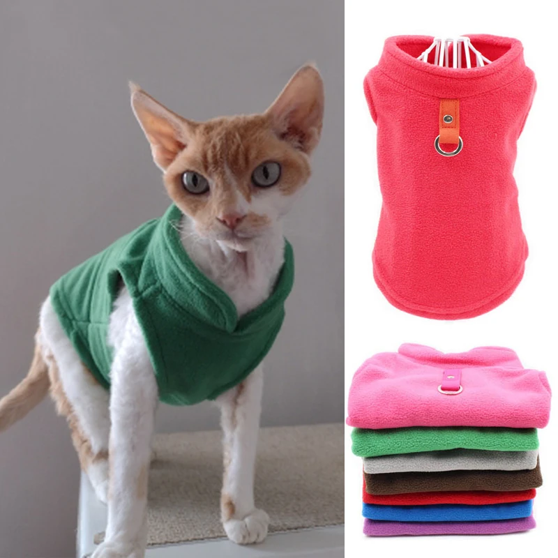 Solid Fleece Cat Clothes Winter Sphinx Cat Vest Harness For Small