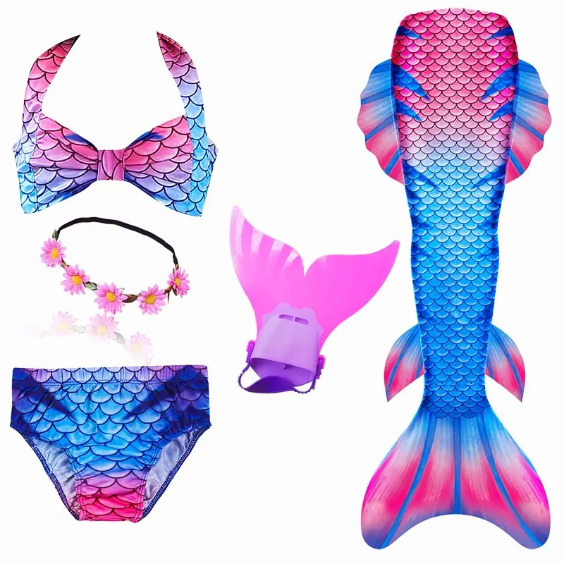 Детский хвост русалки для купания с монофина Флиппер для девочек, купальный костюм, костюм русалки, костюм купальник с гирляндой