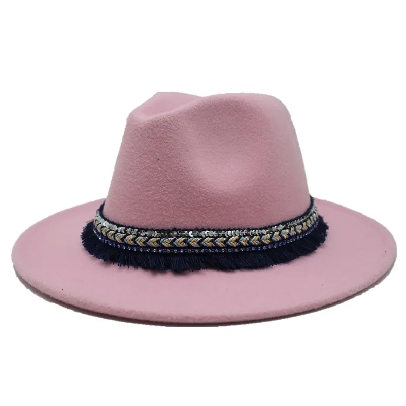 Seioum 14 цветов Высокая-Q широкоугольная шерсть фетр Джаз Fedora головные уборы для мужчин и женщин британская Классическая Трилби вечерние Панама флоппи - Цвет: pink