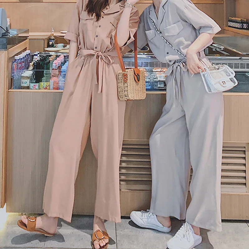 

New Style 2019 High-waisted Slimming Romper Set Loose Casual Wide-Leg Chiffon One-piece Capri Pants Women's Summer