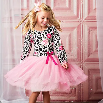 

New Spring Autumn Kids Casual Dress Baby Girls Cute Leopard Flower Printing Long Sleeve Mesh Party Princess Dress 1-5Y