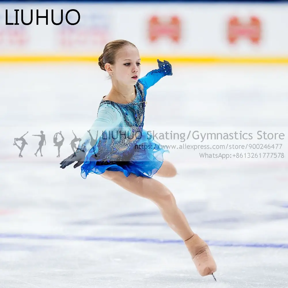 LIUHUO Ice skating dress girls Blue Spandex skate skirt leotards gymnastics Teens Figure Skating dress dance costumes for women