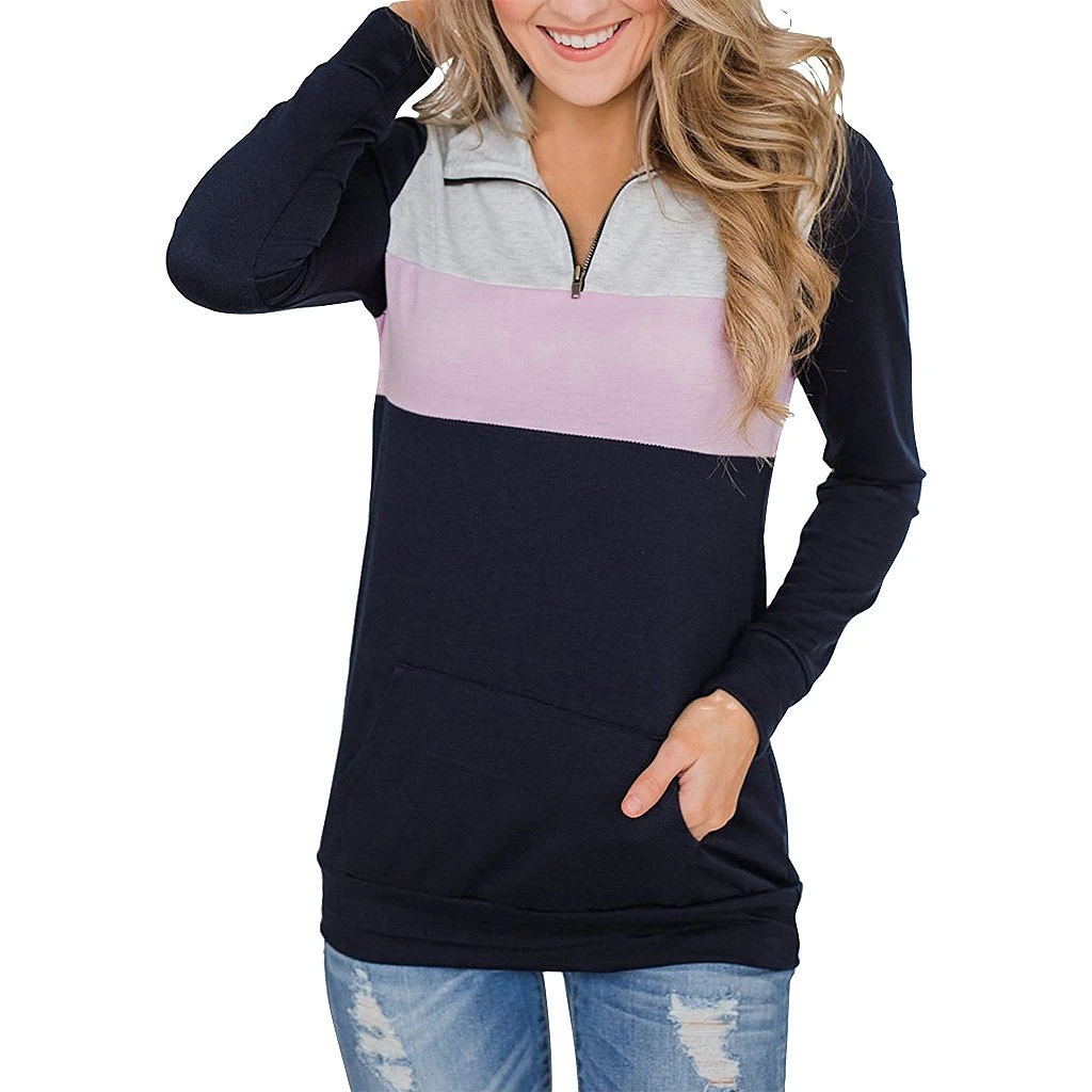 

Women's Autumn Blouse Zip Color Block Long Sleeve Tunic Sweatshirt Tops Patchwork Pocket Blouses Winter Ladies Girls 802