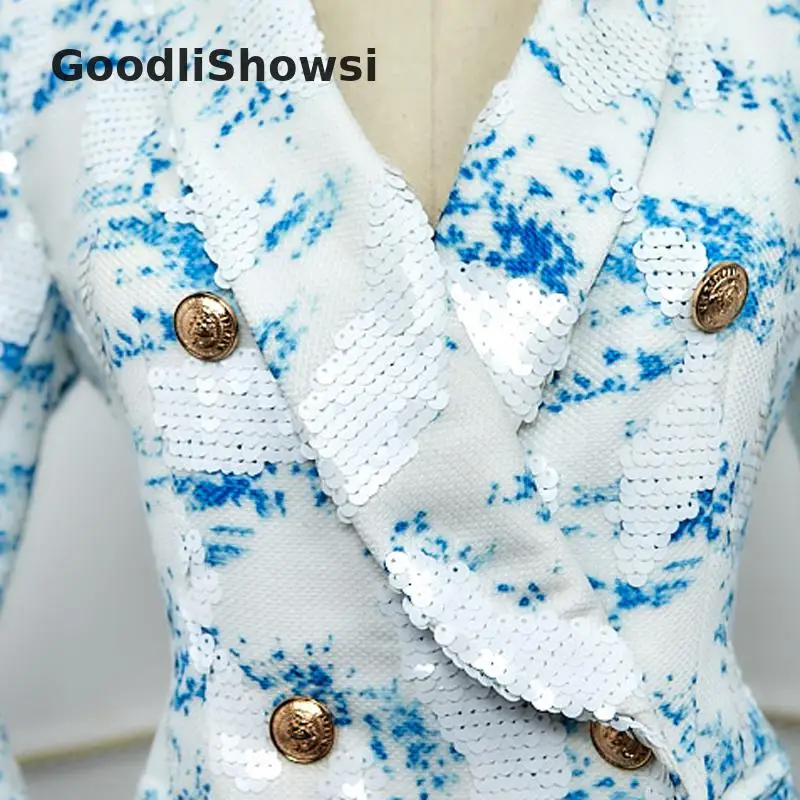 GoodliShowsi, Зимняя мода, женские двубортные пальто, с блестками, с чернильным принтом, с зубчатым отворотом, приталенный, длинный костюм, топы