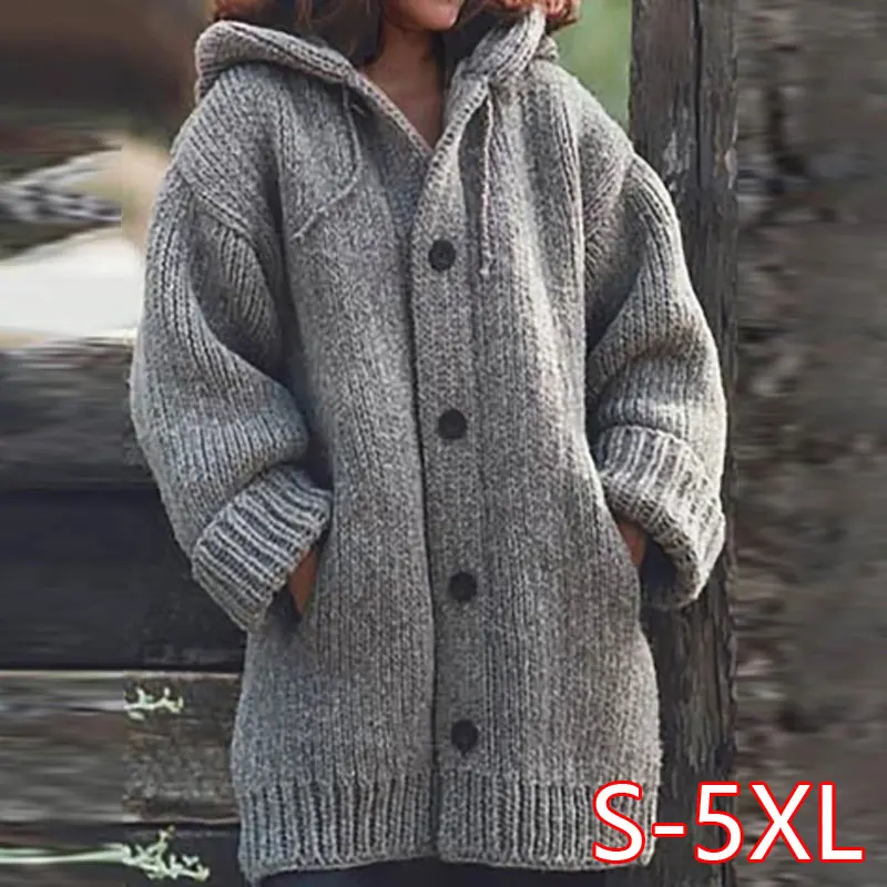Винтажные свободные кардиганы с карманами размера плюс 5XL, женские свитера на осень и зиму с длинным рукавом и капюшоном, свитер на пуговицах, повседневное пальто для женщин