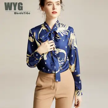 

Vintage Blue Blouses Shirts 2020 Spring New Arrival Hot Sale Big Size 100% Pure Twill Silk Blouses And Tops