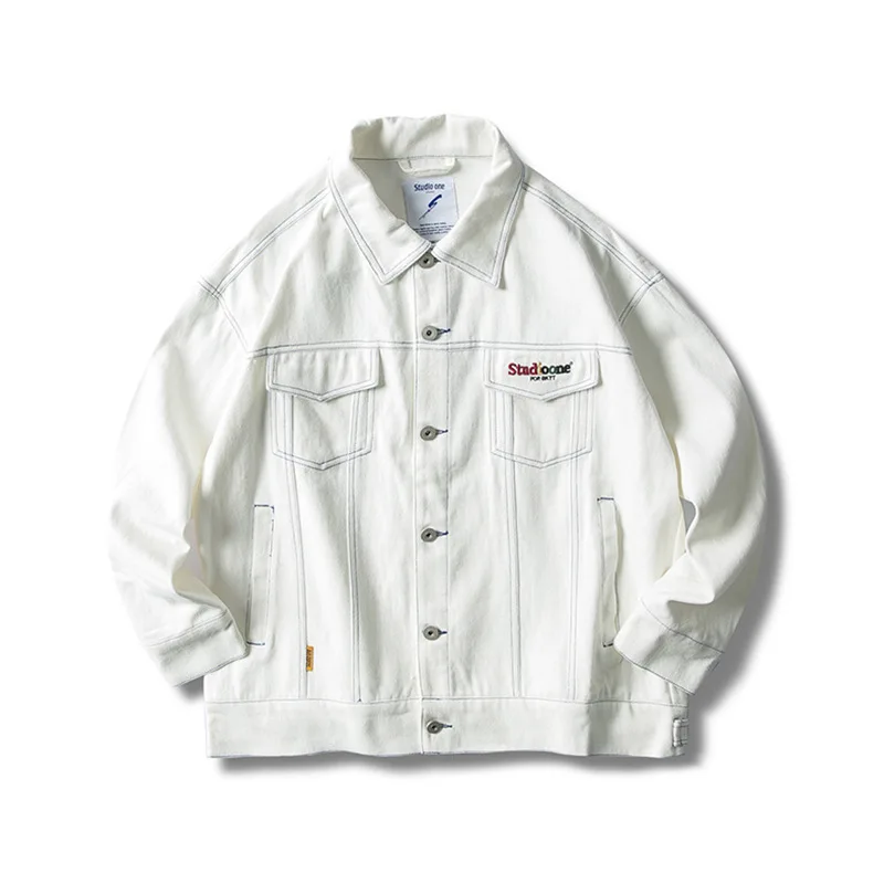 

Spring And Autumn INS White Jacket Men's BF Long Sleeve Hong Kong Style CHIC White Fold-down Collar Embroidered Japanese-style S