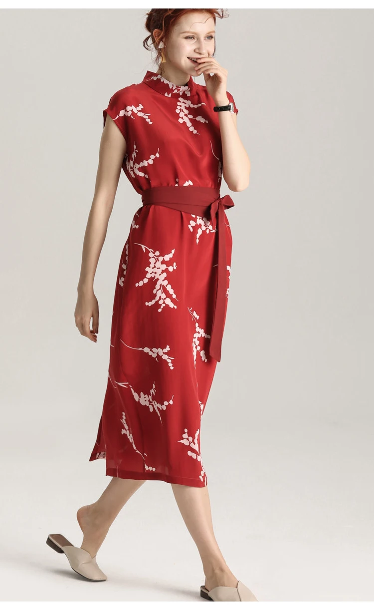 Women Belted Dress 100%Real Silk Crepe Red Printed Dresses Stand Collar New Dresses for Women