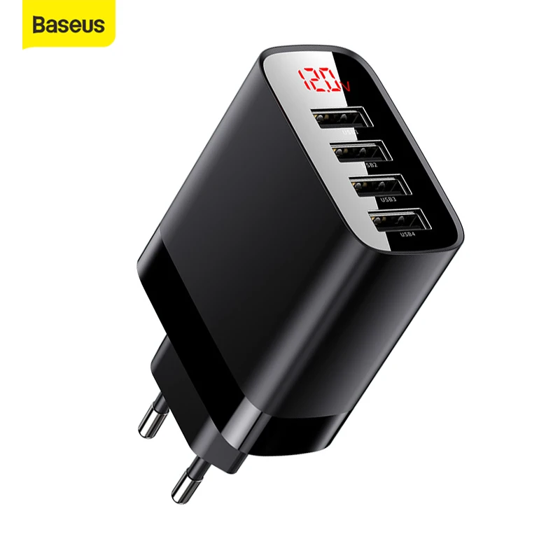 USB зарядное устройство Baseus 30 Вт, 4 порта, быстрое зарядное устройство 6A, зарядное устройство для телефона с цифровым дисплеем, дорожное настенное зарядное устройство для телефона, адаптер с вилкой европейского стандарта|Зарядные устройства|   | АлиЭкспресс