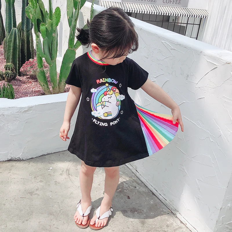 Rainbow Pattern A-Line Baby Girls Casual Dresses 1-7 years old Korean Short Cartoon Children's Clothing Kids Clothes | Детская