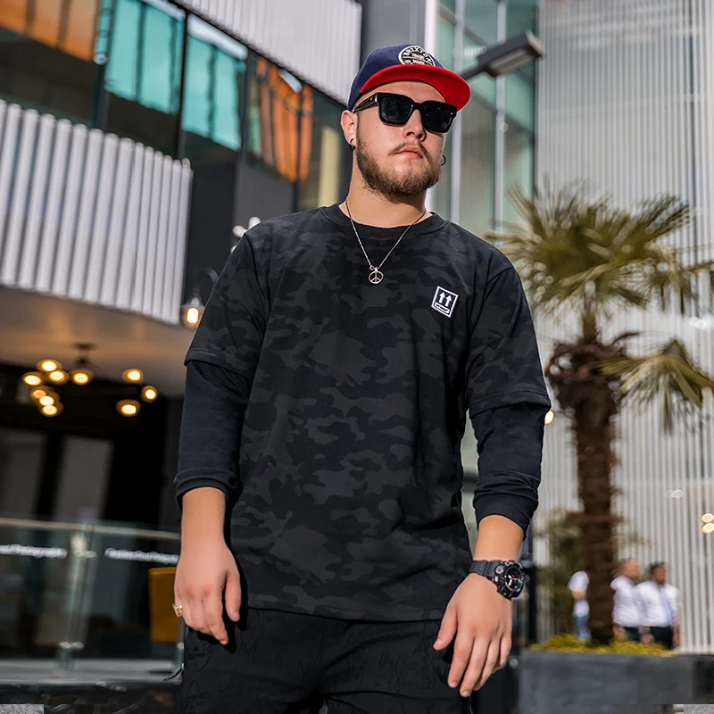 

Autumn New Big Size Tee Long Sleeve Camouflage T-shirt Casual Patchwork Fake Two Pieces Loose TShirt Plus Size XXXL 5XL 6XL Men