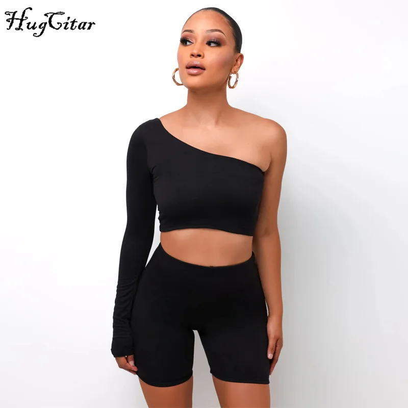 Hugcitar 2020 One-Shoulder Sexy Crop Top Biker Shorts 2 Piece Set Autumn Winter Women Fashion Bodycon Tracksuit Hugcitar 2020 One-Shoulder Sexy Crop Top Biker Shorts 2 Piece Set Autumn Winter Women Fashion Bodycon Tracksuit