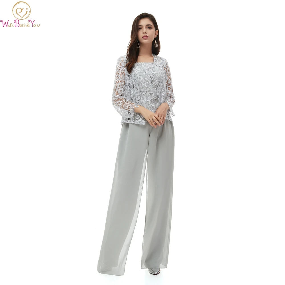 

2019 New Elegant Lace Women's 3 pieces Chiffon Mother of The Bride Dress Pants Suit Long Sleeves With Jacket Outfit For Wedding