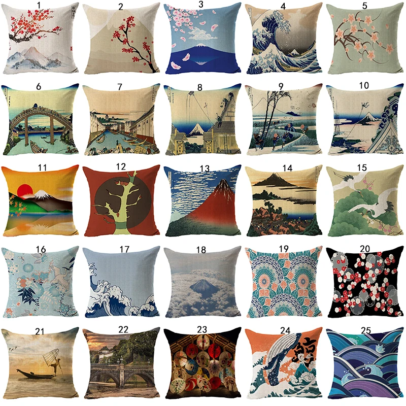 

Boniu Japanese ukiyo-e Print Linen Cotton Cushion Cover Retro Buildings Decorative Sofa Home Decor Pillowcase For Car Chair