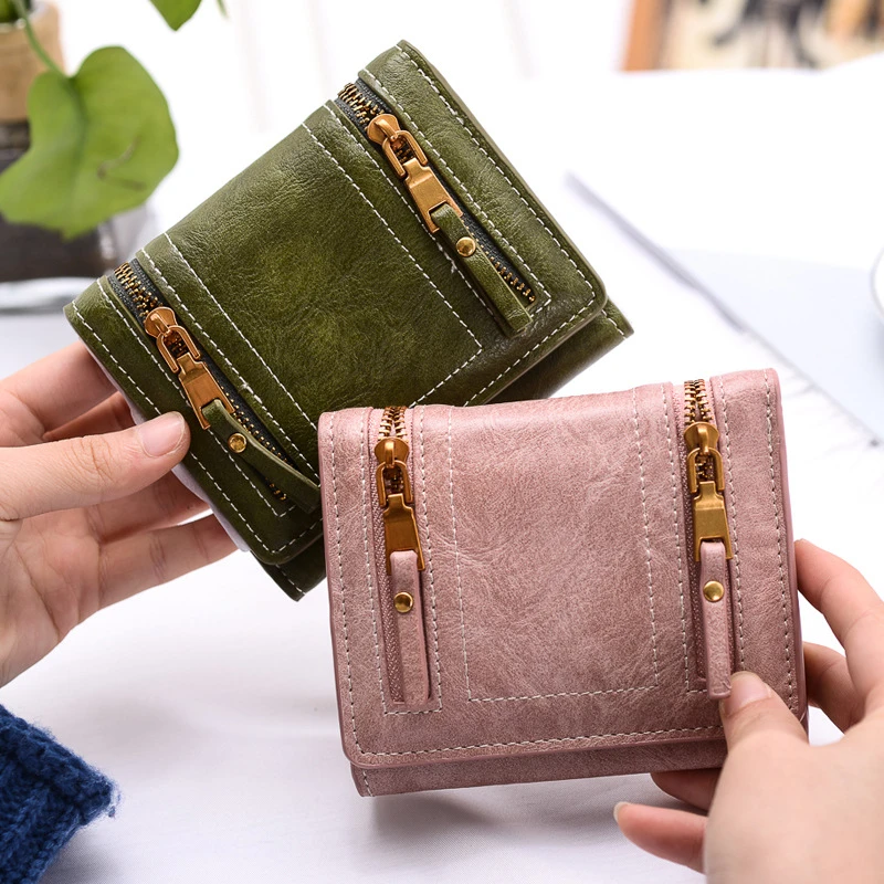 Modernas carteras cortas para mujer, Cartera de cuero encerado para mujer, doble cadena, diseñador de carteras para mujer, bolso de mano de Vintage femenino|Carteras| - AliExpress