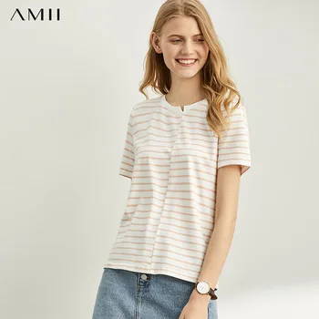 

Amii Minimalist Striped Cotton T-shirt Summer Women Letter Embroidery Loose Half-open Collar Female Tee Tops 11920070