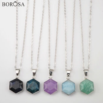 

BOROSA New Hexagon Natural Stone Necklace Amethysts Amazonite Faceted Beads Necklace 18inch Necklace for Women WX1357-N