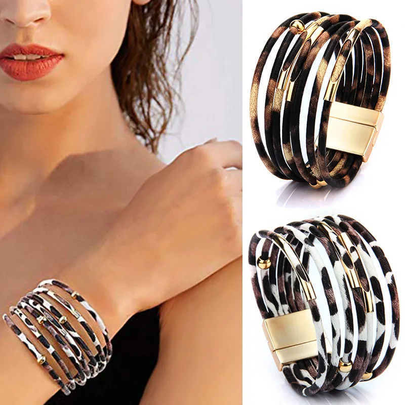 Многослойный кожаный Леопардовый Браслет-манжета женские магнитные ювелирные изделия с пряжкой подарок KQS8