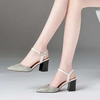 

Big Size high heels sandals women shoes woman summer ladies Latticetipped sandals with thick heels and buckles