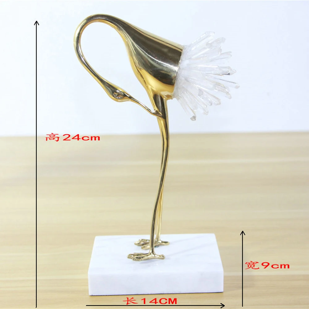 Natural Quartz Crystal Wand Point Copper Crane Figurine Light Luxury Home Metal Ornaments Healing Crystal Stone Home Decoration
