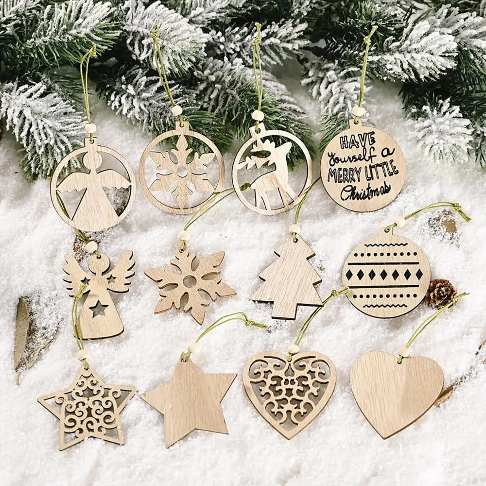 12pcs/box Christmas Wooden Pendants Merry Christmas Decor for Home DIY Wood Crafts Ornaments Xmas Gifts New Year 2021 Noel 2020