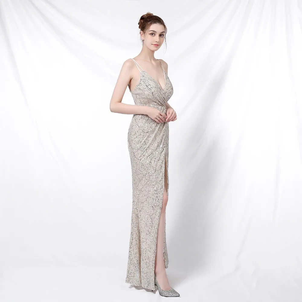 Gold Sequins Spaghetti Strap Deep V Neck Backless Open Slit Luxury Party Dresses For Women 2020 Fashion Elegant Night Club Dress (6)