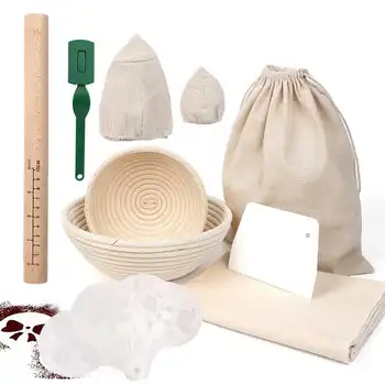 

Rattan Bread Banneton Proofing Basket Bakeware Set with Bread Lame Rolling Pin Round Basket Fermentation Baking Tools Kit