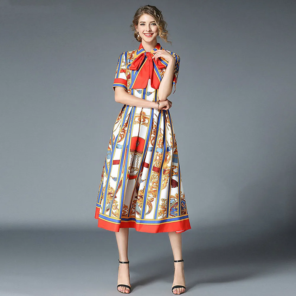 WDJUGZ High Quality New Autumn Newest Runway Designer Dress Women's Short Sleeve Shirt Collar Floral Printed Bow Midi Dress