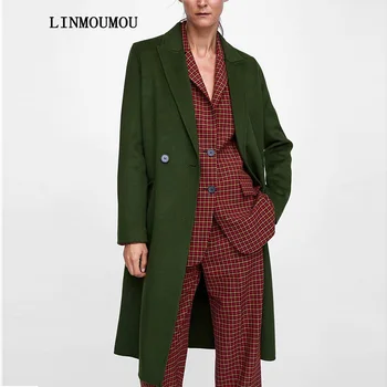 

Autumn and winter new women's coat woolen lapel solid color coat double-breasted pocket decorative loose coat