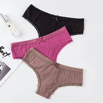 

3Pcs Soft Thong Cotton Panties for Women Underwear Low Rise Sexy Lingerie Female Underpants Stripe Cotton G-string Panties Solid