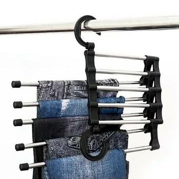 

2pce Black Stainless Steel Five-In-One Magic Pants Scarf Scarf Rack Multi-Functional Home Storage Orangize