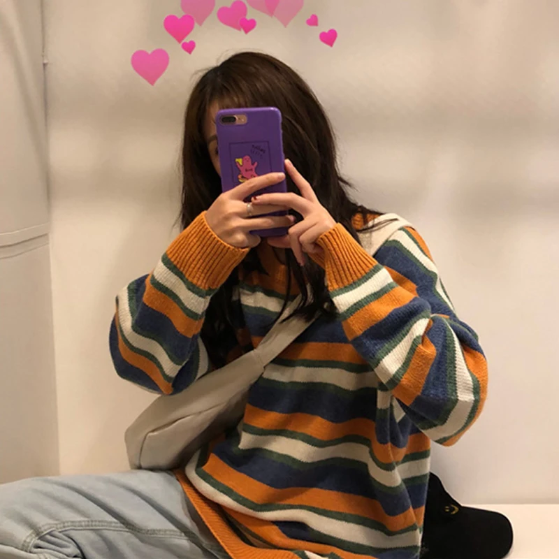 Lazy Wind Female Striped Sweater Coat Autumn Winter New Korean Version Ins Super Fire Loose Bf Contrast Color | Женская одежда