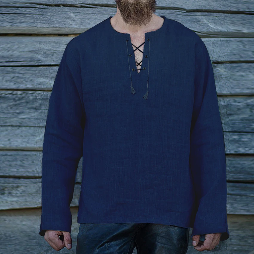Navy Men Viking Pirate Full Sleeve T-shirt Medieval Cosplay Costumes Bandage V-neck Linen Breathable Ranger Knight Retro Clothing - Цвет: Navy