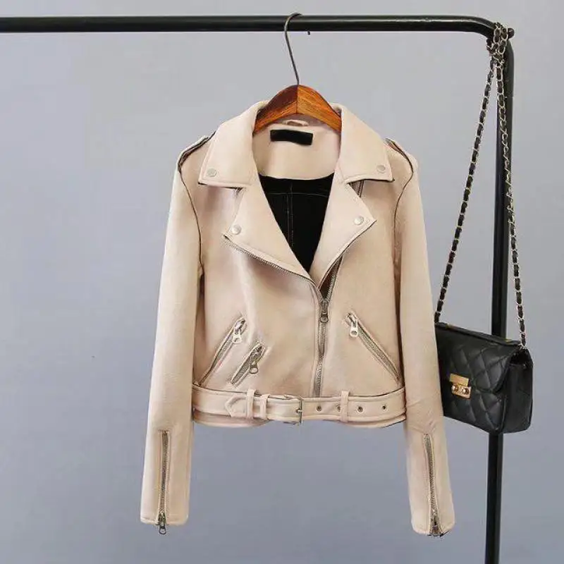 Женская короткая куртка из искусственной кожи и замши, мотоциклетная куртка на молнии, Женская Весенняя мода, байкерские куртки, Прямая поставка