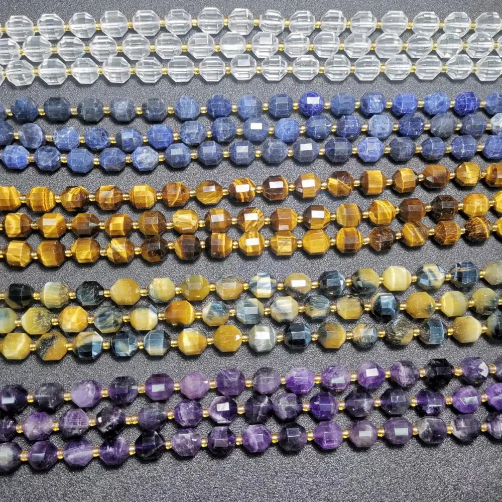 

10mm Faceted Cutting Natural Stone Beads DIY Loose Amethysts/Tiger Eye/White Crystal/Sodalite For Jewelry Making