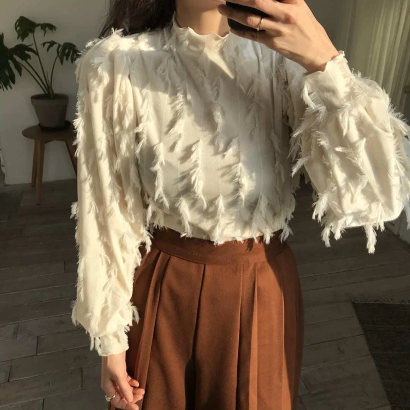 beige womens shirt RICININA, женские блузки и топы,, о-образный вырез, с кисточками, одноцветные, повседневные, женские рубашки с длинным рукавом, винтажная блузка для женщин, весна - Цвет: beige womens shirt