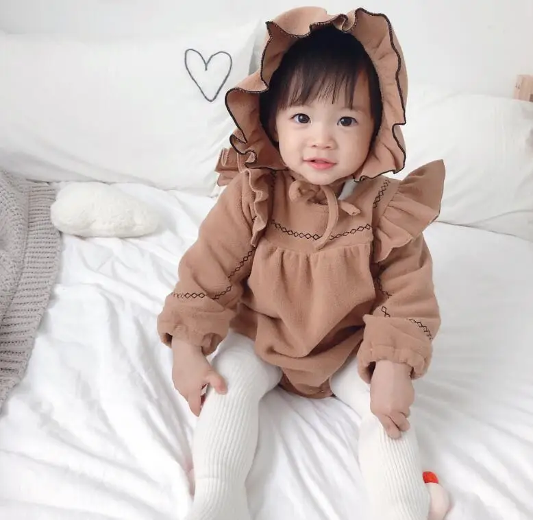 new baby girls ruffles thicken romper with hat cotton fashion autumn winter full sleeve babys jumpsuit 6-24 month HJ94