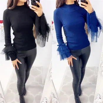 

Slim Fashion Women Long Sleeve Mesh Cuff O-Neck Knitted Sweaters Ladies Pullover Tops Autumn Winter Warm Casual Tops
