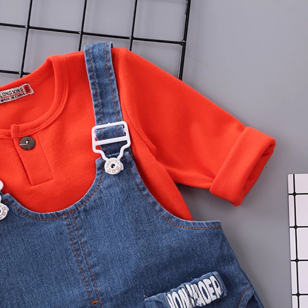 Г. Осенний однотонный хлопковый топ+ джинсы для маленьких девочек и мальчиков комбинезон, штаны комплект одежды из 2 предметов