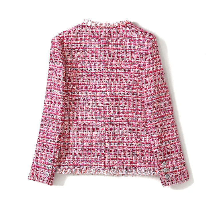 Женская твидовая куртка с длинным рукавом винтажная приталенная розовая