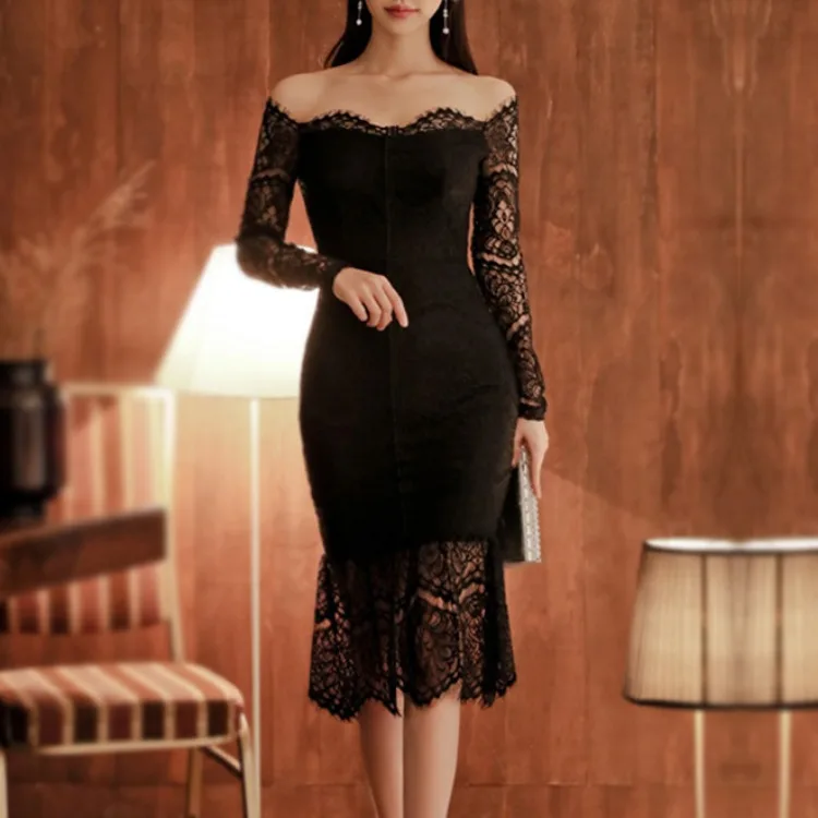 

2019 New Style Debutante Fashion Commuting Base Black And White with Pattern Slim Fit Slimming-off-Shoulder Lace Dress