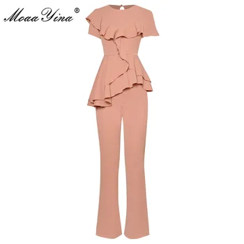 

MoaaYina Fashion Designer Set Summer Women Short sleeve Ruffles Tops+Straight trousers Two-piece suit