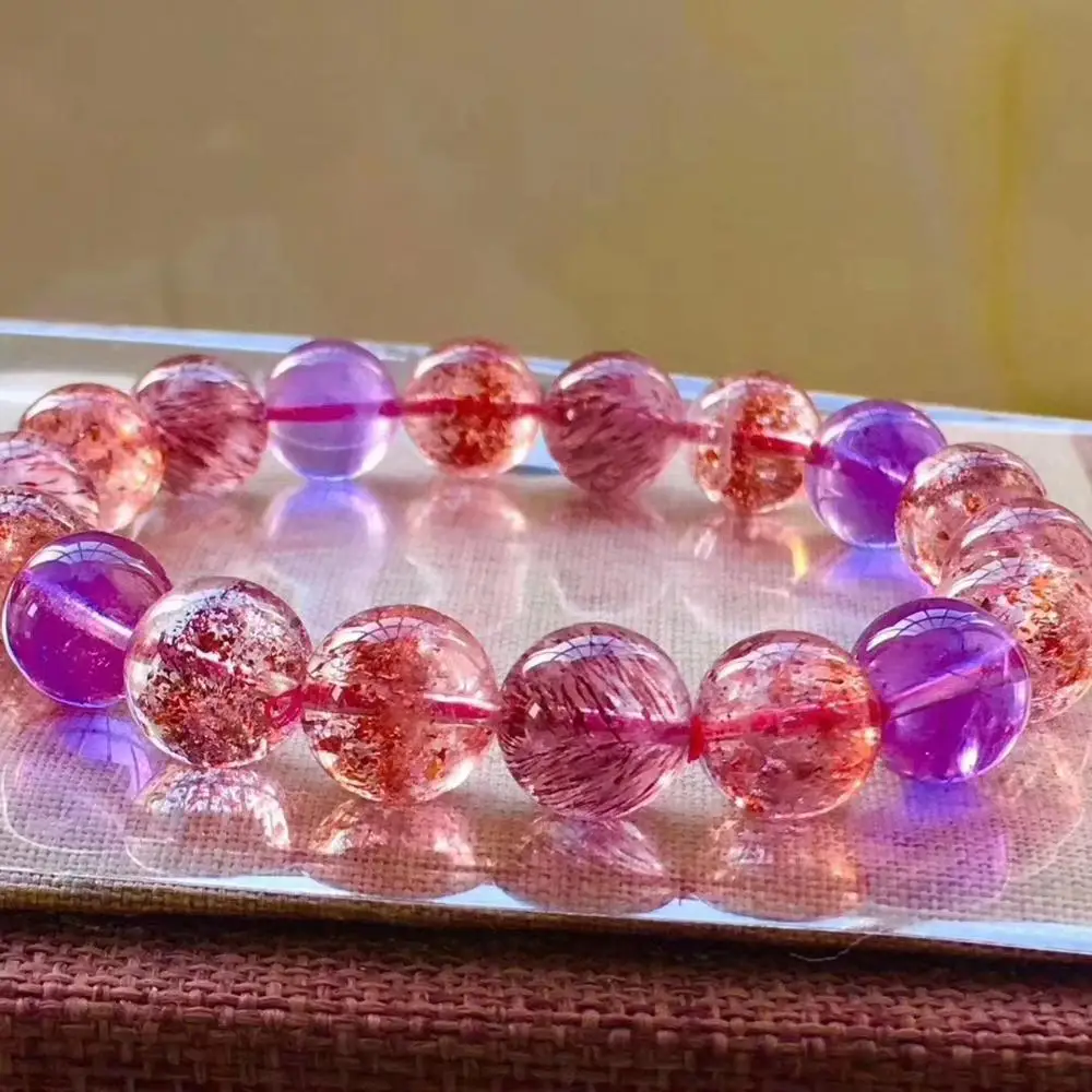 

11mm Natural Super Seven 7 Rutilated Quartz Red Lepidocrocite Quartz Crystal Round Bead Bracelet Women Men AAAAAA Certificate