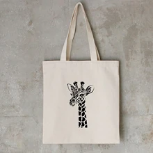 Women Canvas Shoulder Bag Cotton Shopping Tote Students' Simple Eco Environmental Shopper Bag Animal Cartoon Print Cat Deer