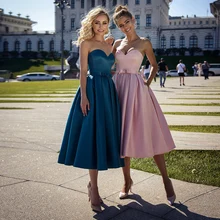 

Pretty Short Satin Evening Dress Tea length Strapless Corset Formal Party Gown Birthday For Woman Pockets Robe De Soriee A Line