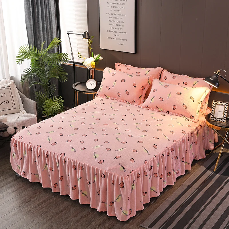Bed Skirt Flannel Printing Type Dark Blue Bed Cover Elegant Bedspread Satin Cotton Bed Sheet for Wedding Decoration Bed Cover - Цвет: A