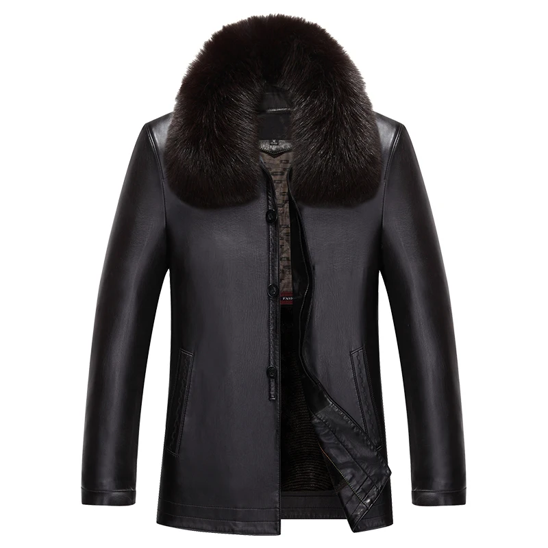 

Winter Black Jacket for Men PU Coats Thick Rabbit Fur Collar Overcoats Leather & Suede Clothing