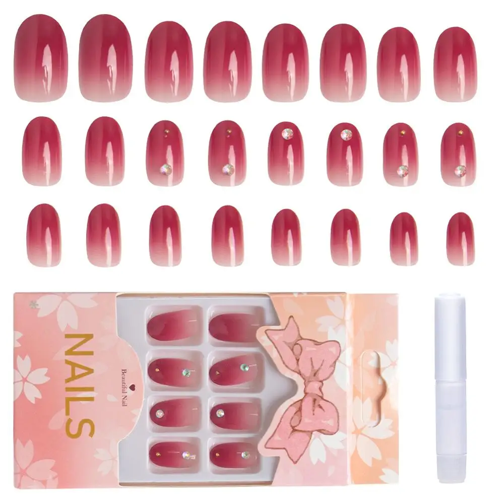 

24 Pcs/Box Press On False Nail Tips Fast Fix Pink Gradient Artificial Fake Nails Tips Full Cover Nail With Glue