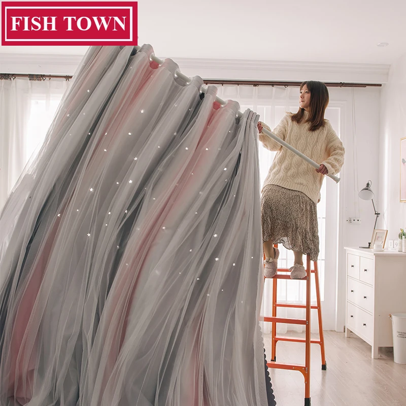 

FISH TOWN Romantic Rainbow Color Two Pass Curtain Girl Kids Bedroom Full Blackout Window Drapes Hollow Star Curtain Home Decor