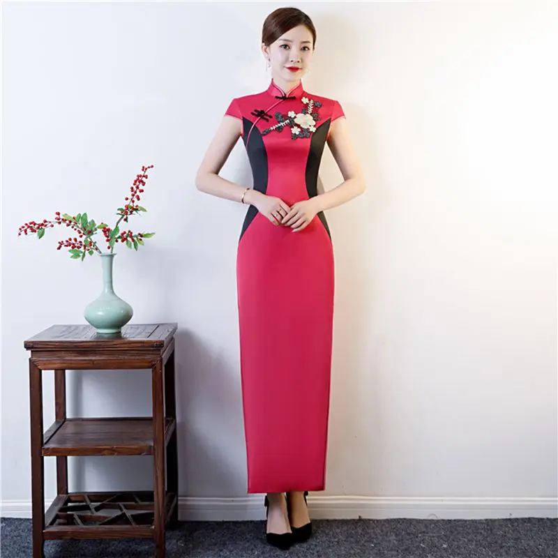 Стиль вышитые Улучшенный чёнсам женские атласные длинные Qipao часть платье walk Show Cheongsam Vestido плюс размер S-5XL